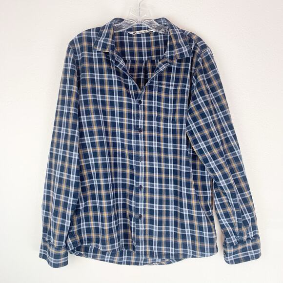 Travis Mathew Shirt Mens Large Flannel Button Up Plaid Blue Yellow Casual‎ Adult - Picture 1 of 6